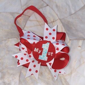 Girls Red White My 1st Birthday Bow Headband Polka Dot Heart Princess Accessory